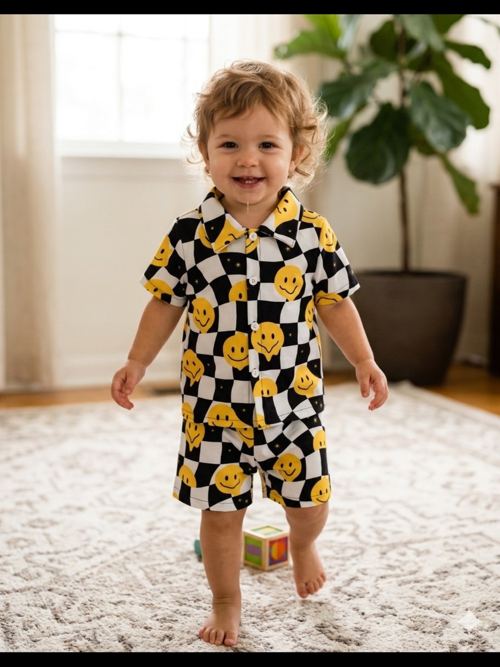 Smiley Face Checkerboard Toddler Shirt & Shorts Set